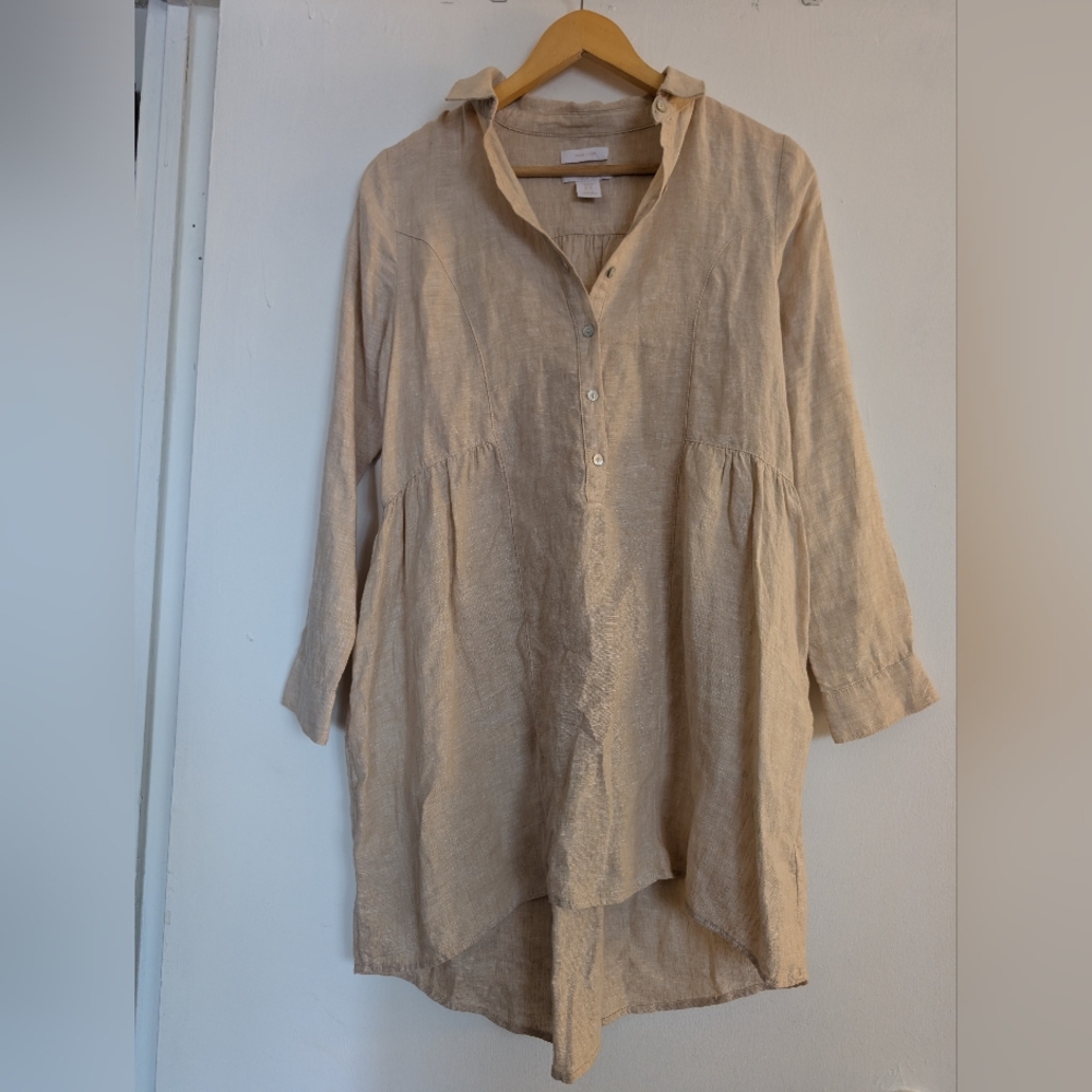 ​H By Halston 100% Linen Tunic Shirt Dress XS Tan Neutral High Low